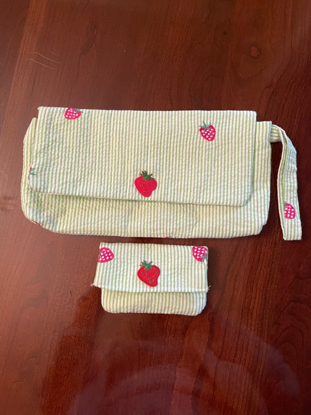 Seersucker Strawberry Wristlet Clutch and Coin Pouch - Light Green Stripe